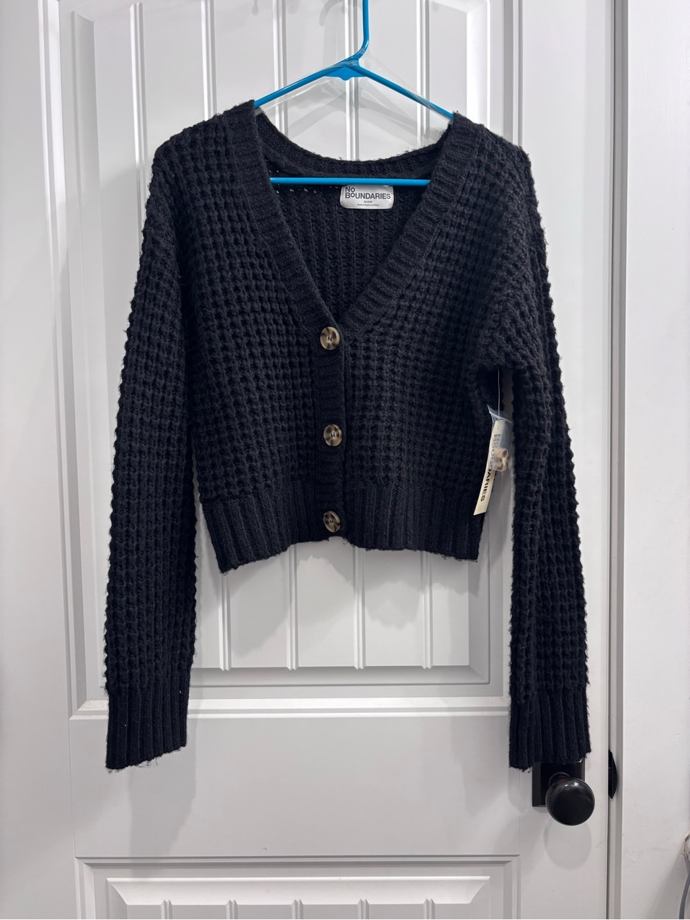 No Boundaries Black Waffle-Knit Cropped Button Cardigan